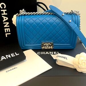 CHANEL Blue Calfskin Boy Bag - New Medium